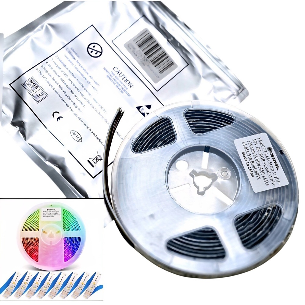 DERWEL RGB CCT LED Strip‎ Lights 12V DC 16.4ft Waterproof IP65 White